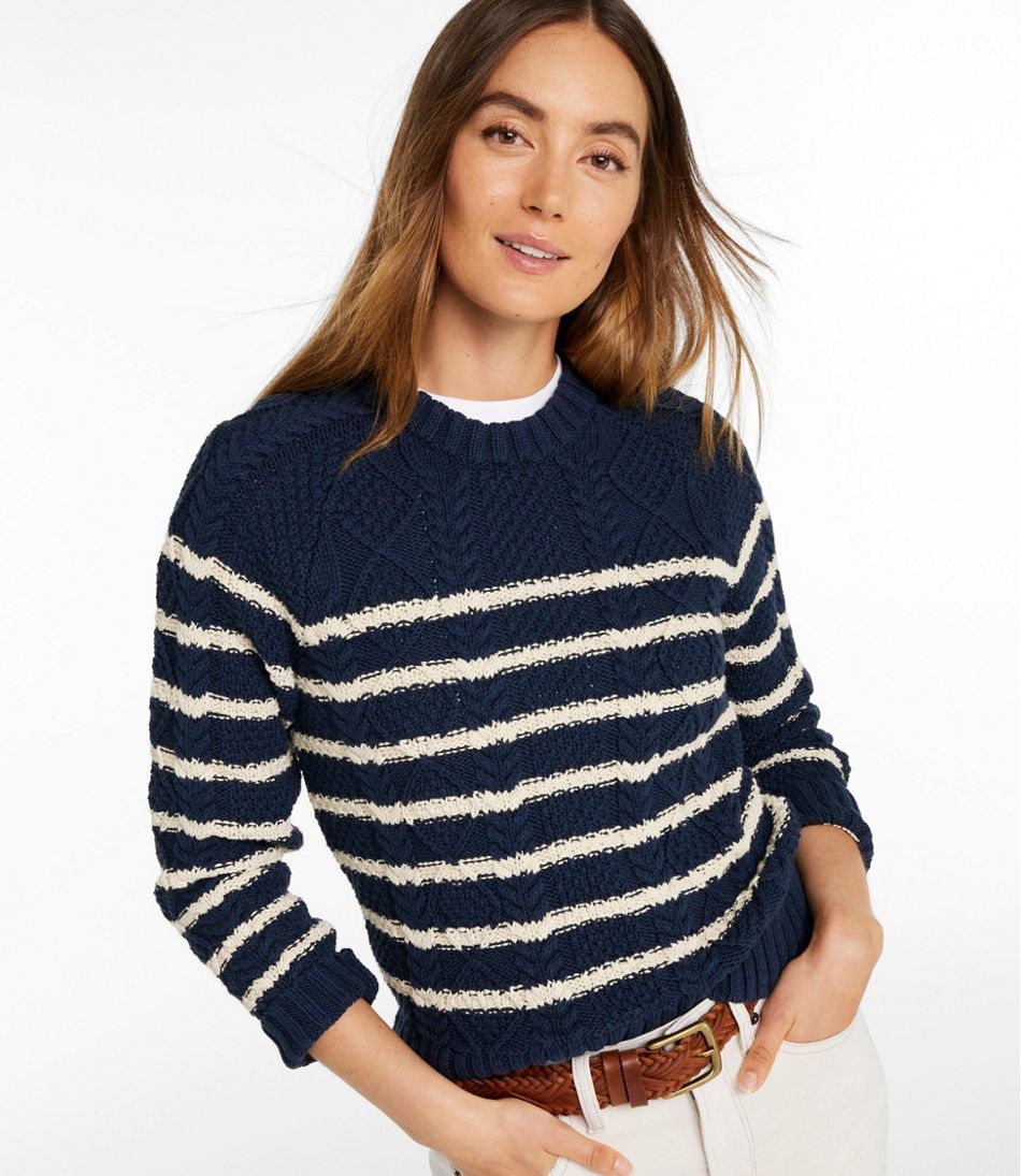 Women's Signature Cotton Fisherman Sweater, Crewneck Stripe - Image 2