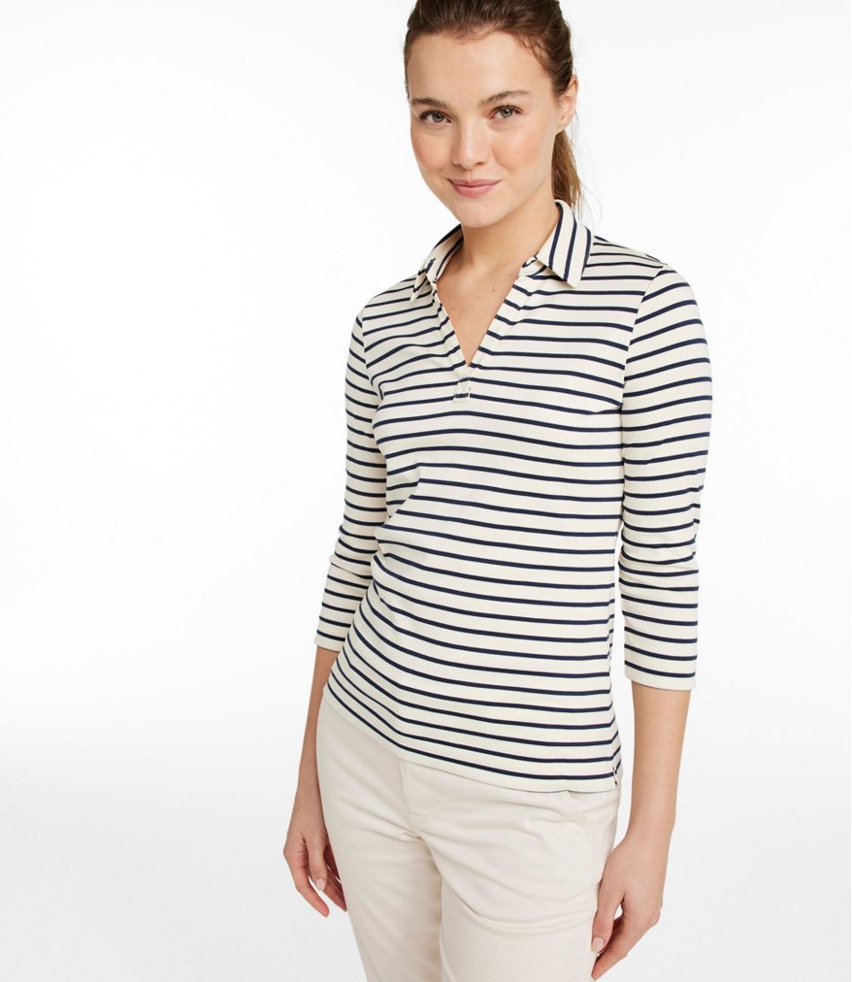 Women's Pima Cotton Tee, Three-Quarter-Sleeve Polo Stripe - Image 2
