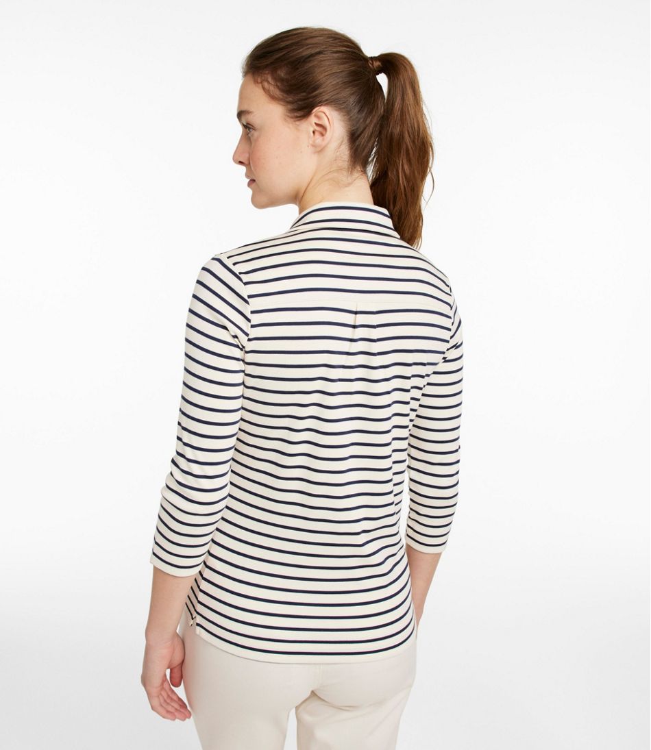 Women's Pima Cotton Tee, Three-Quarter-Sleeve Polo Stripe - Image 3