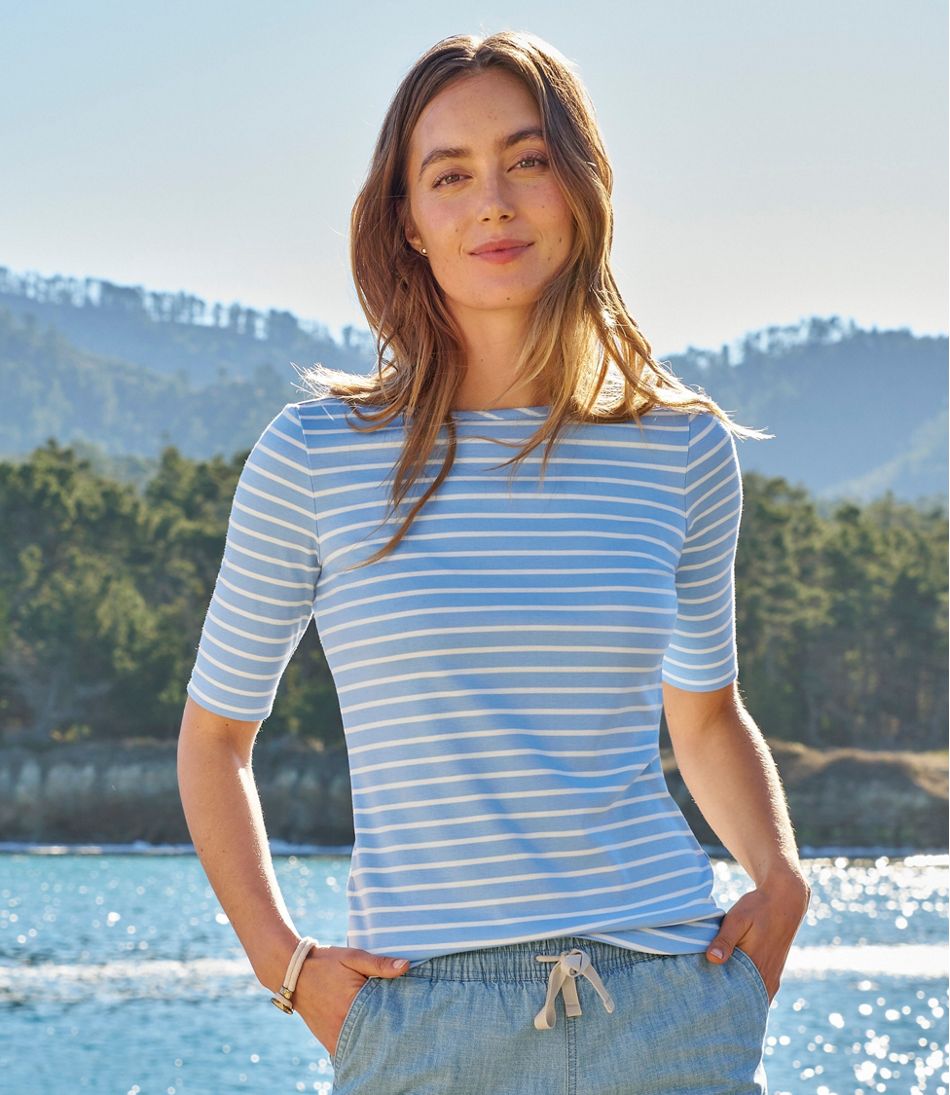 Women's Pima Cotton Tee, Elbow-Sleeve Boatneck Stripe - Image 8