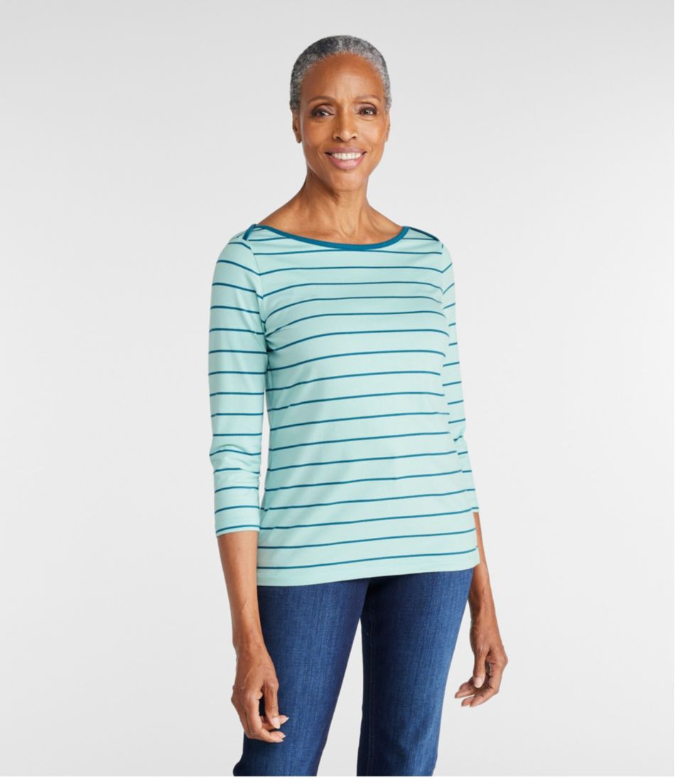 Women's Soft Stretch Supima-Blend Tee, Three-Quarter-Sleeve Boatneck Stripe - Image 2