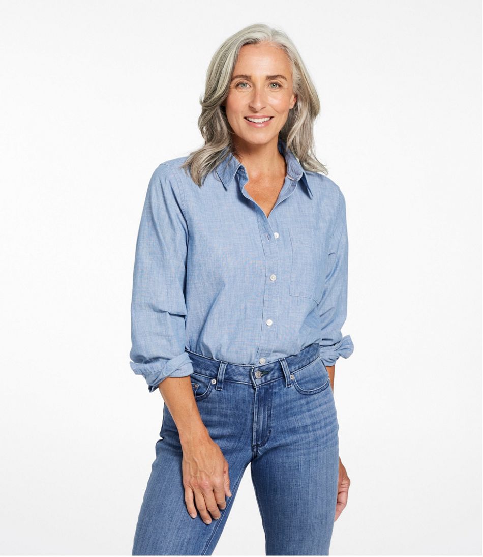 Women's Essential Cotton Shirt, Chambray Long Sleeve - Image 2