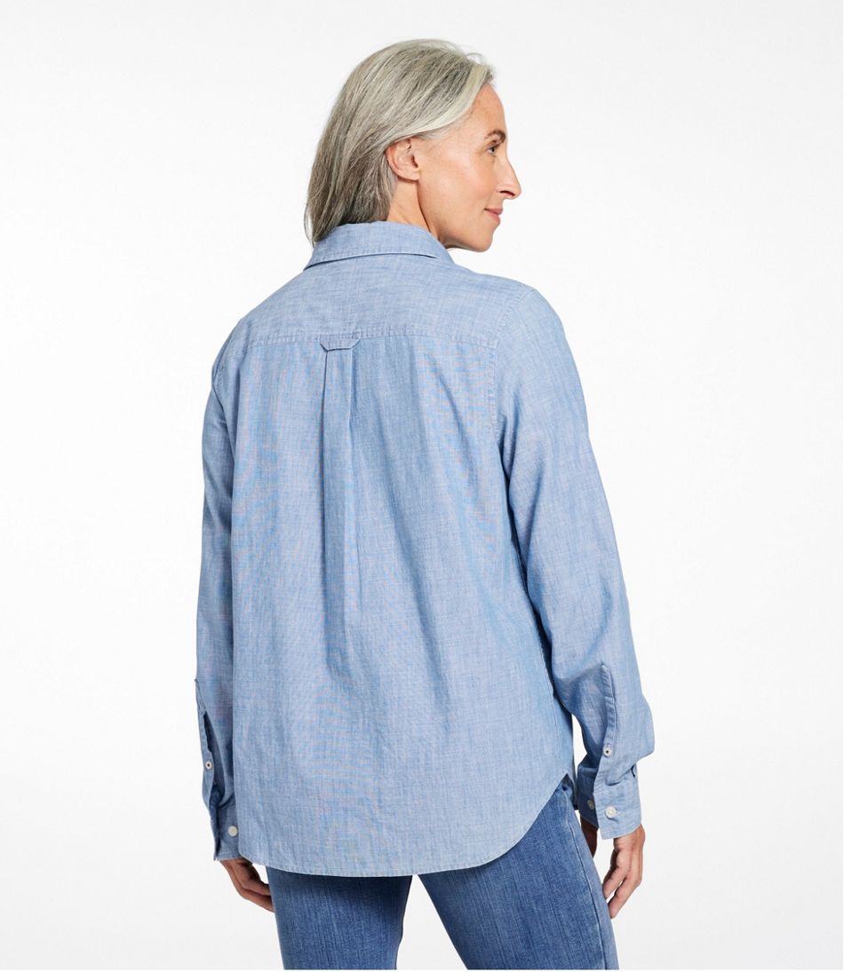 Women's Essential Cotton Shirt, Chambray Long Sleeve - Image 3